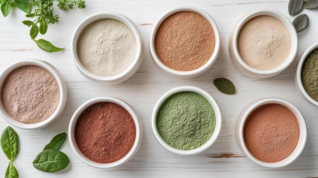 A variety of different powders in bowls photo