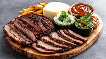 A barbecue with meat, chips and salsa photo