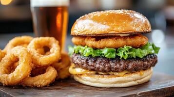 A hamburger with onion rings and a beer photo