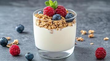 Granola with berries and yogurt in a glass photo