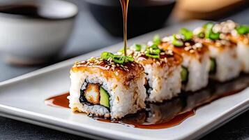 A sushi roll being drizzled with sauce photo