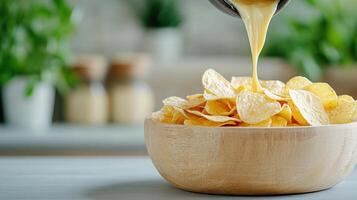 A bowl of chips being poured with mustard photo