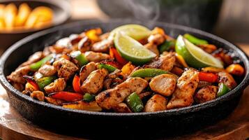 Chicken and peppers in a skillet with a lime wedge photo