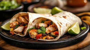 Two chicken burritos on a black plate with lime wedges photo