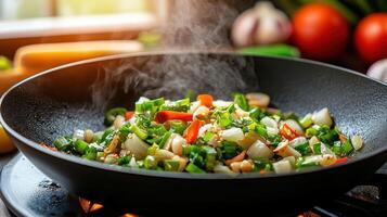 A wok filled with vegetables and spices photo