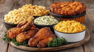 A plate of chicken, macaroni and cheese, and corn photo