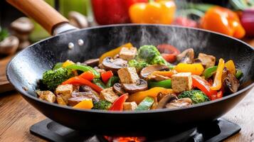 A wok with vegetables and tofu cooking on a stove photo