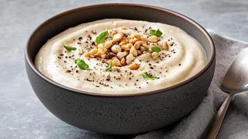 A bowl of creamy cauliflower soup with nuts and herbs photo