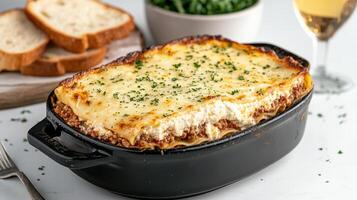 Baked lasagna in a black casserole dish with bread and wine photo