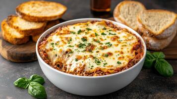Italian lasagna in a bowl with bread and garlic photo