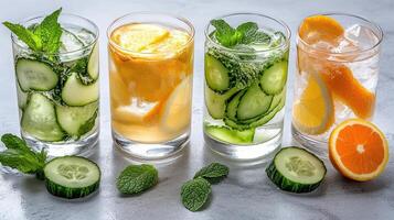 Four glasses of water with cucumber, mint, and orange slices photo