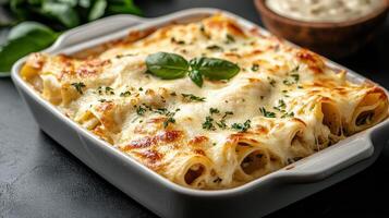 Chicken lasagna with basil and cheese in a white dish photo