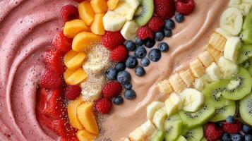 A colorful fruit smoothie with a variety of fruits photo