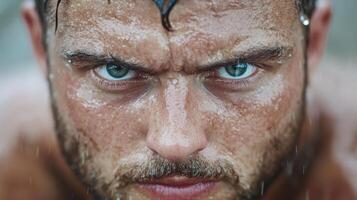 A man with wet hair and blue eyes photo