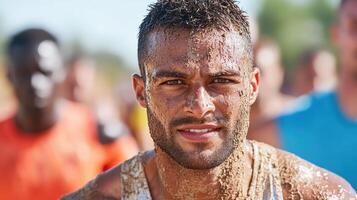 A man with mud on his face at a race photo