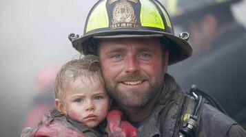 A firefighter holding a child in his arms photo