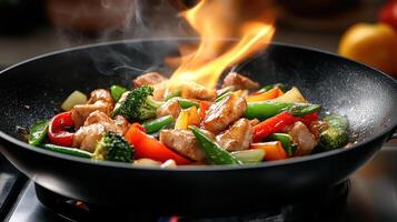 Chinese stir fry with vegetables and chicken photo