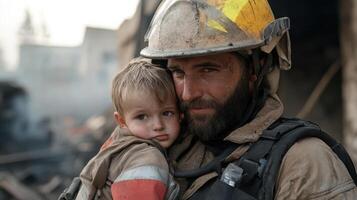A firefighter holding a child in front of a burning building photo