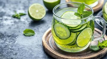 Green tea with cucumber slices and mint leaves photo