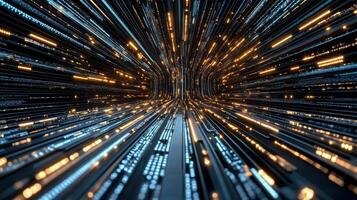 Abstract digital data tunnel with glowing lights photo
