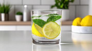 A glass of water with lemon and mint photo