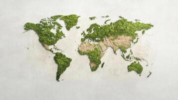 Green world map made of grass on concrete wall photo