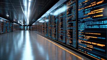 A long hallway with rows of computer screens photo