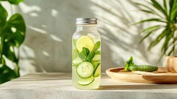 A bottle of water with cucumber and lemon slices photo