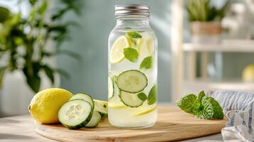 A glass bottle with cucumber, mint and lemon slices photo