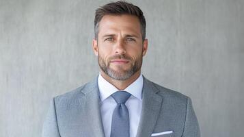 A man in a suit and tie standing in front of a gray wall photo