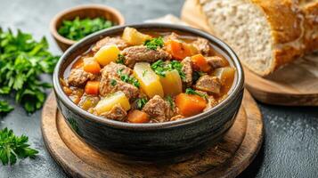 Beef stew with vegetables and bread on a black background photo