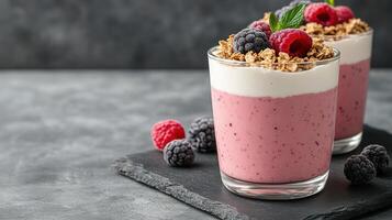 Two glasses of smoothie with berries and granola photo