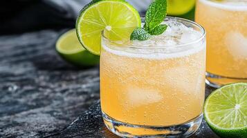 Two glasses of orange juice with lime slices photo