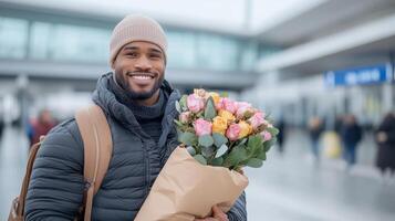 A man is holding a bouquet of flowers photo