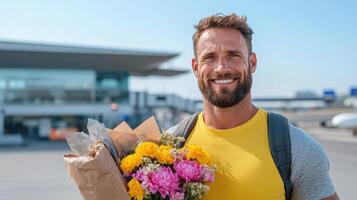 Smiling man with flowers at airport photo