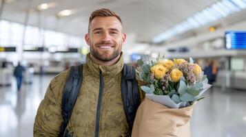A man holding a bouquet of flowers in an airport photo