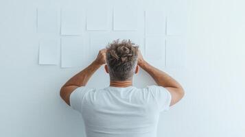 A man is looking at a wall with paper notes on it photo
