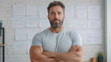 A man with a beard and a grey t - shirt standing in front of a white wall photo