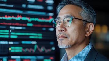 An asian man in glasses looking at a screen photo