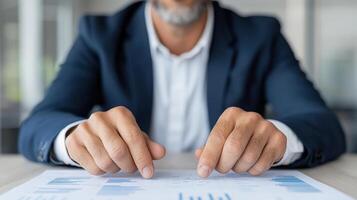 A man in a suit is holding a piece of paper with graphs on it photo