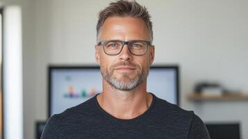 A man with glasses and a beard is standing in front of a computer photo