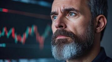 A man with a beard and beard looking at a stock chart photo