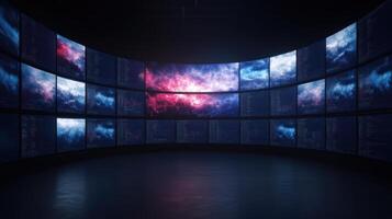 A large room with multiple screens showing different images photo