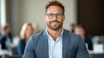 A man with glasses and a beard sitting in front of a conference room photo
