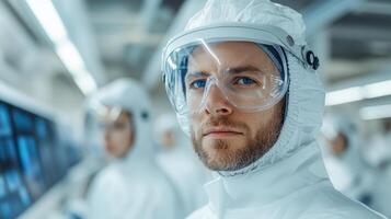 A man in a white lab coat and goggles photo