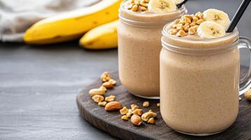 Two mason jars filled with a banana smoothie photo