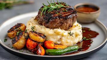 A plate with a steak, mashed potatoes and vegetables photo