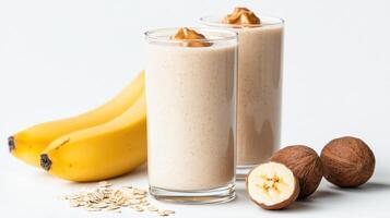 Two glasses of oatmeal with bananas and nuts photo