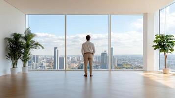 A man standing in an empty room looking out at a city photo