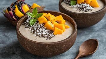 Mango and coconut smoothie bowl with fresh mint and coconut photo